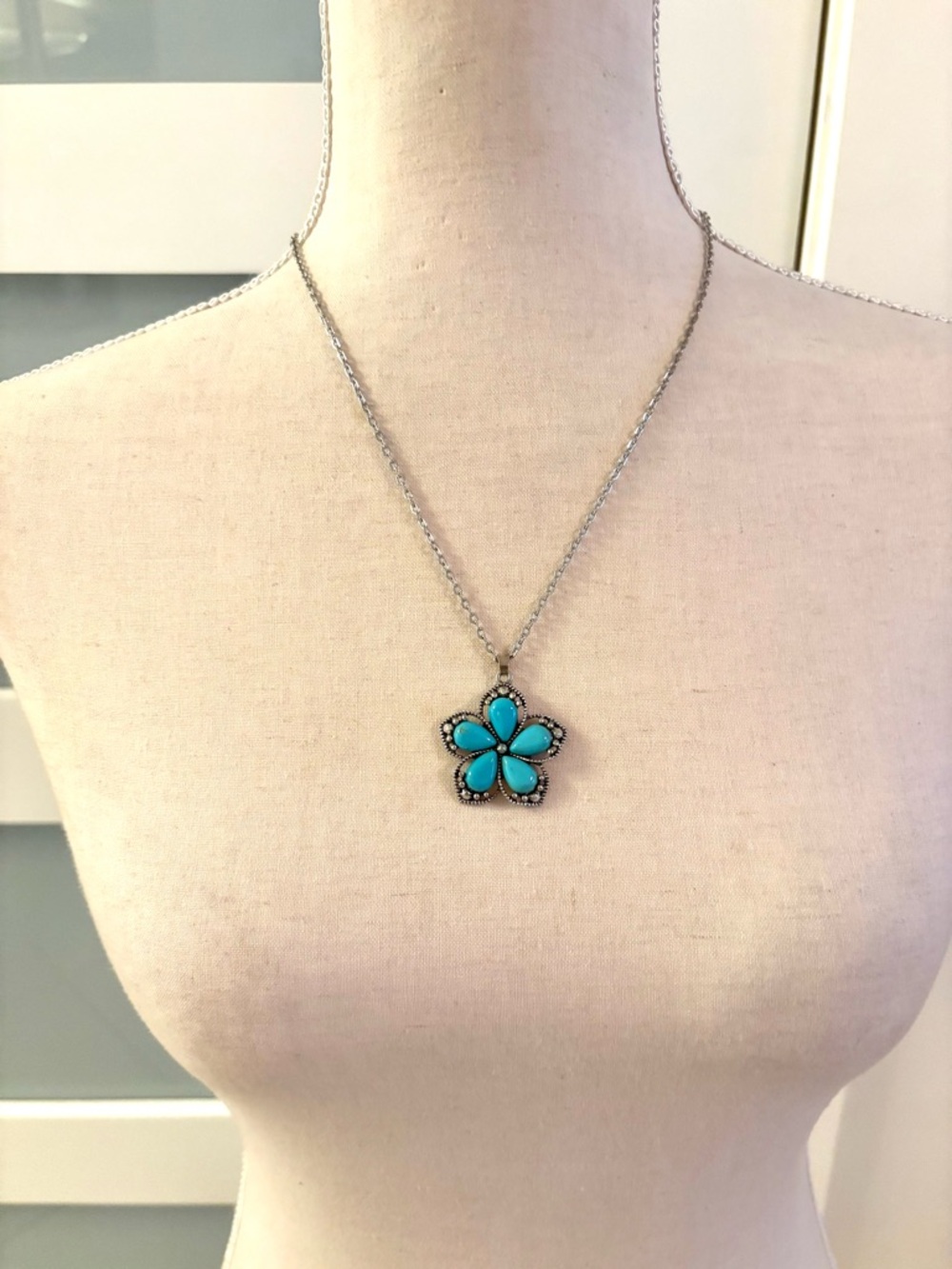 Macy's Silver-Tone Turquoise Flower Pendant Necklace